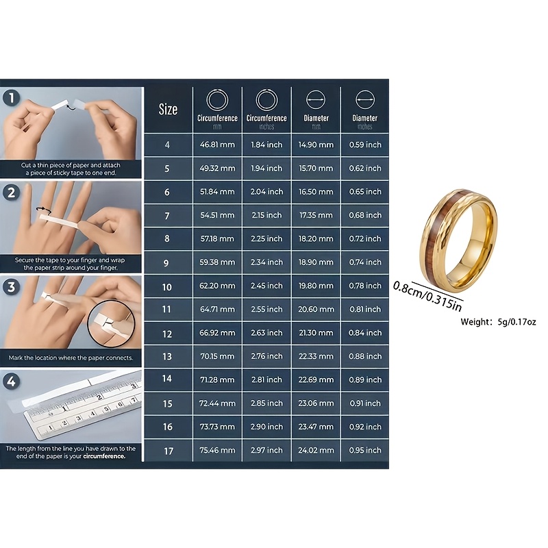 Men's 18K Gold Plated Wood Grain Ring, Waterproof Design